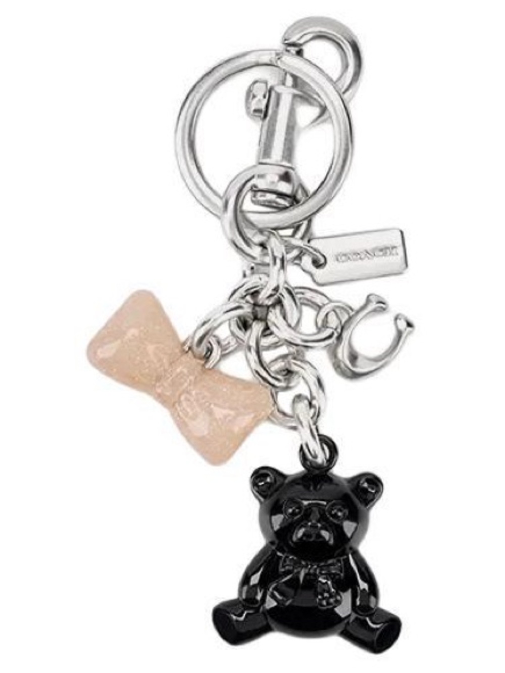 Rare Coach Cluster Black Teddy Bear & Cream Sparkle Bow Chrome Key Charm